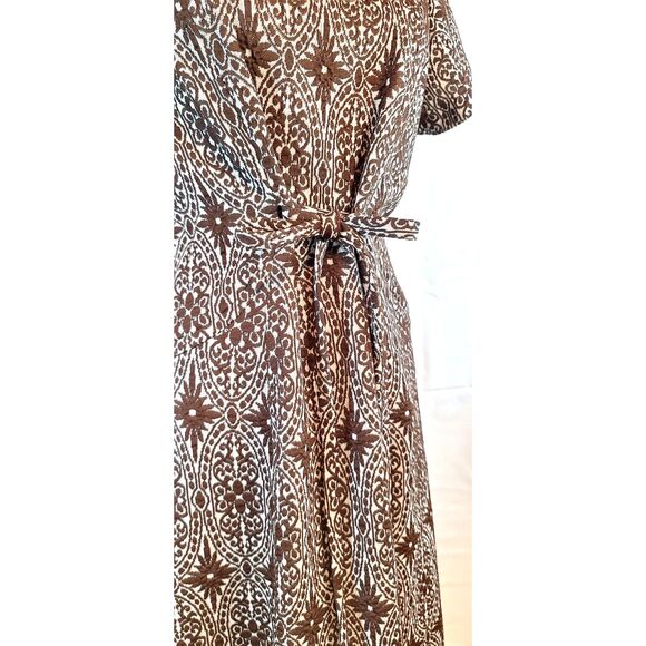 1960s 70s Vintage Brown & White Dress Double Knit Front Tie - Picture 4 of 14